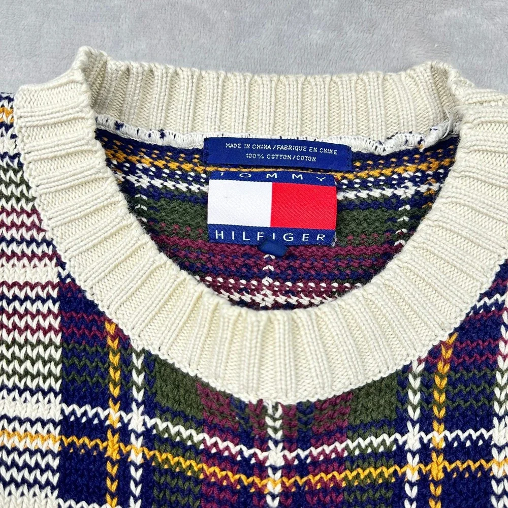 VTG Tommy Hilfiger Plaid Crew Neck Chunky Sweater Cotton Mens‎ M Burgundy Navy